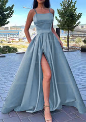 A Line Square Neckline Spaghetti Straps Long Floor Length Satin Prom Dress With Split Pockets