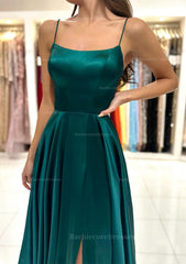 A Line Square Neckline Spaghetti Straps Sweep Train Charmeuse Prom Dress With Split