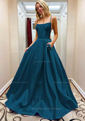 A Line Square Neckline Spaghetti Straps Sweep Train Satin Prom Dress With Beading Pockets