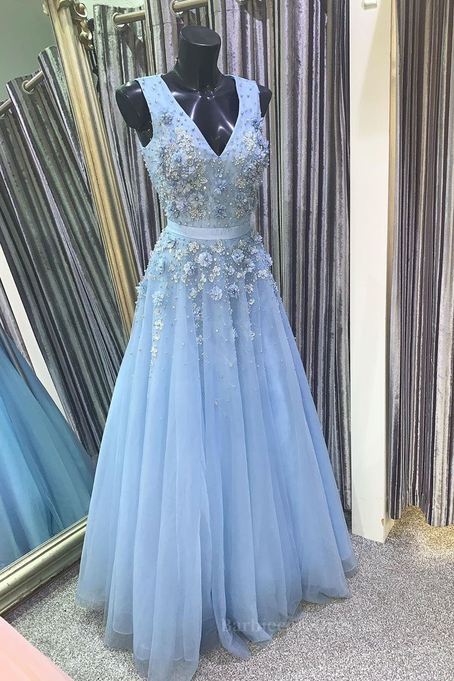 A Line V Neck Floral Light Blue Lace Long Prom Dress, Light Blue Lace Formal Graduation Evening Dress