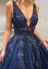 A Line V Neck Long Floor Length Lace Tulle Prom Dress With Appliqued