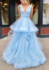 A Line V Neck Sleeveless Long Floor Length Tulle Glitter Prom Dress With Pleated