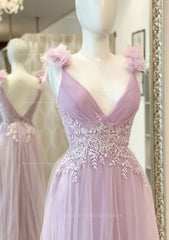 A Line V Neck Sleeveless Long Floor Length Tulle Prom Dress With Appliqued Beading Flowers