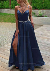 A Line V Neck Sleeveless Satin Sweep Train Prom Dress With Pockets Waistband Split