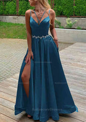 A Line V Neck Sleeveless Satin Sweep Train Prom Dress With Pockets Waistband Split