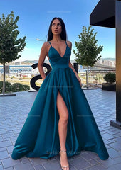 A Line V Neck Sleeveless Sweep Train Satin Prom Dress