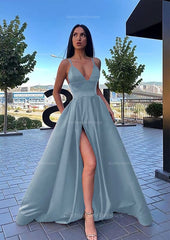 A Line V Neck Sleeveless Sweep Train Satin Prom Dress