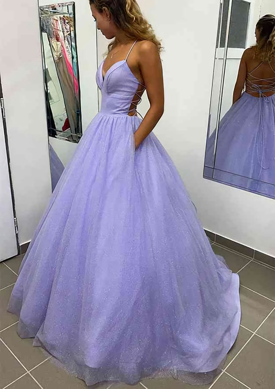 A Line V Neck Spaghetti Straps Long Floor Length Glitter Prom Dress With Pockets