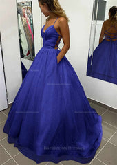 A Line V Neck Spaghetti Straps Long Floor Length Glitter Prom Dress With Pockets