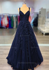 A Line V Neck Spaghetti Straps Long Floor Length Lace Prom Dress With Beading