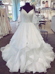 A-line V Neck Spaghetti Straps Puffy White Long Wedding Dresses