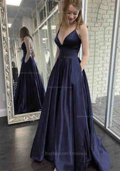 A Line V Neck Spaghetti Straps Sweep Train Charmeuse Prom Dress With Pockets