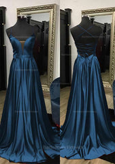 A Line V Neck Spaghetti Straps Sweep Train Charmeuse Prom Dress With Split