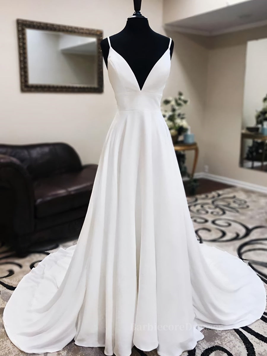 A Line V Neck White Wedding Dresses with Lace Back, White V Neck Prom Formal Dresses