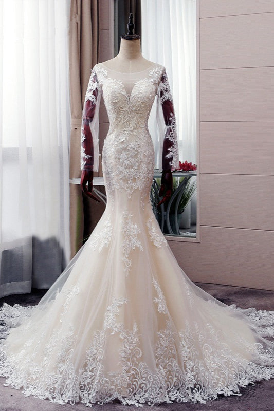 Autumn Long Sleevess Mermaid Lace appliques Ivory Wedding Dress