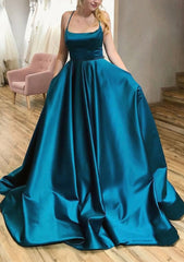 Ball Gown A Line Square Neckline Spaghetti Straps Sweep Train Satin Prom Dress With Pleated Pockets