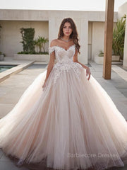 Ball Gown Off-the-Shoulder Floor-Length Tulle Wedding Dresses With Appliques Lace