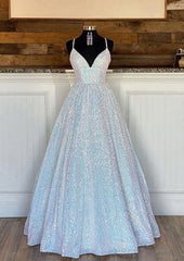 Ball Gown Sleeveless V Neck Long Floor Length Sequined Sparkling Prom Dress With Pleated