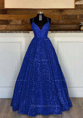 Ball Gown Sleeveless V Neck Long Floor Length Sequined Sparkling Prom Dress With Pleated