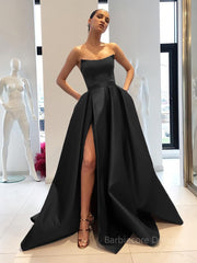 Ball Gown Strapless Sweep Train Satin Prom Dresses With Leg Slit