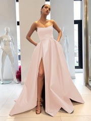 Ball Gown Strapless Sweep Train Satin Prom Dresses With Leg Slit