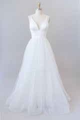 Beautiful White Long A-line V-neck Tulle Backless Wedding Dress