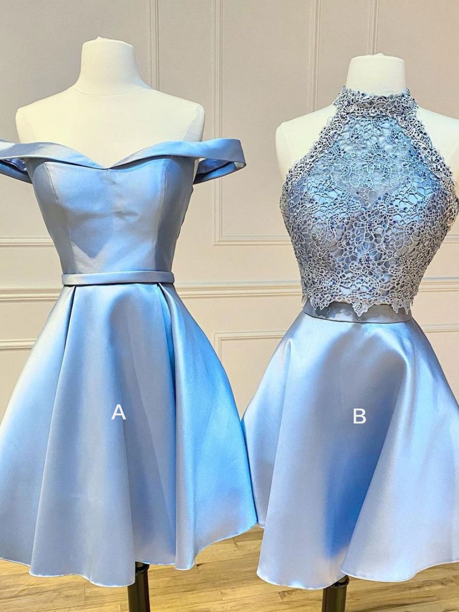 Blue lace satin short cocktail dress, blue homecoming dress