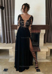 Chiffon Long Floor Length A Line Princess Full Long Sleeve Bateau Zipper Up At Side Prom Dress With Appliqued