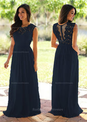 Chiffon Long Floor Length A Line Princess Sleeveless Bateau Zipper Prom Dress With Appliqued