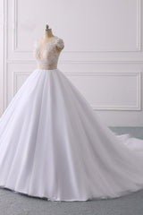 Classic Cap sleeves V neck White Ball Gown Lace Wedding Dress