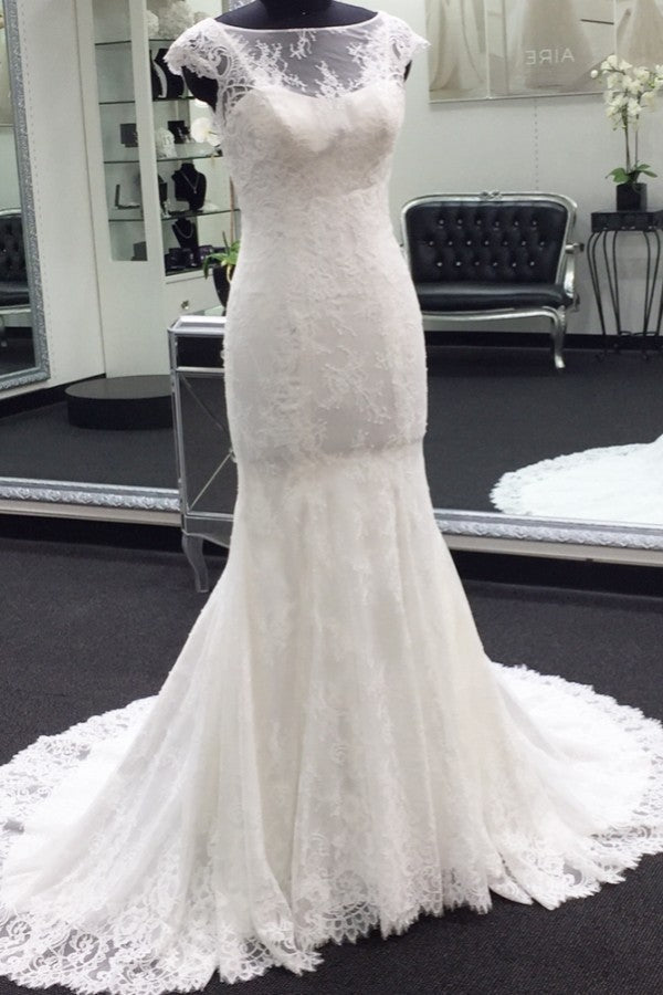 Classic Cap Sleeves White Illusion neck Lace Mermaid Wedding Dress with Court Train