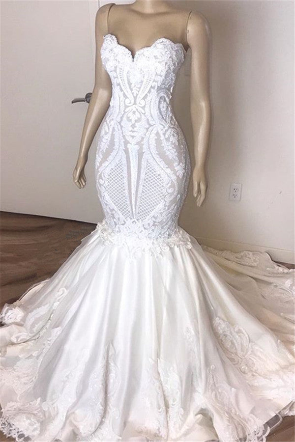 Classic Sleeveless Sweetheart Lace Appliques Mermaid Slim Bridal Wedding Dress