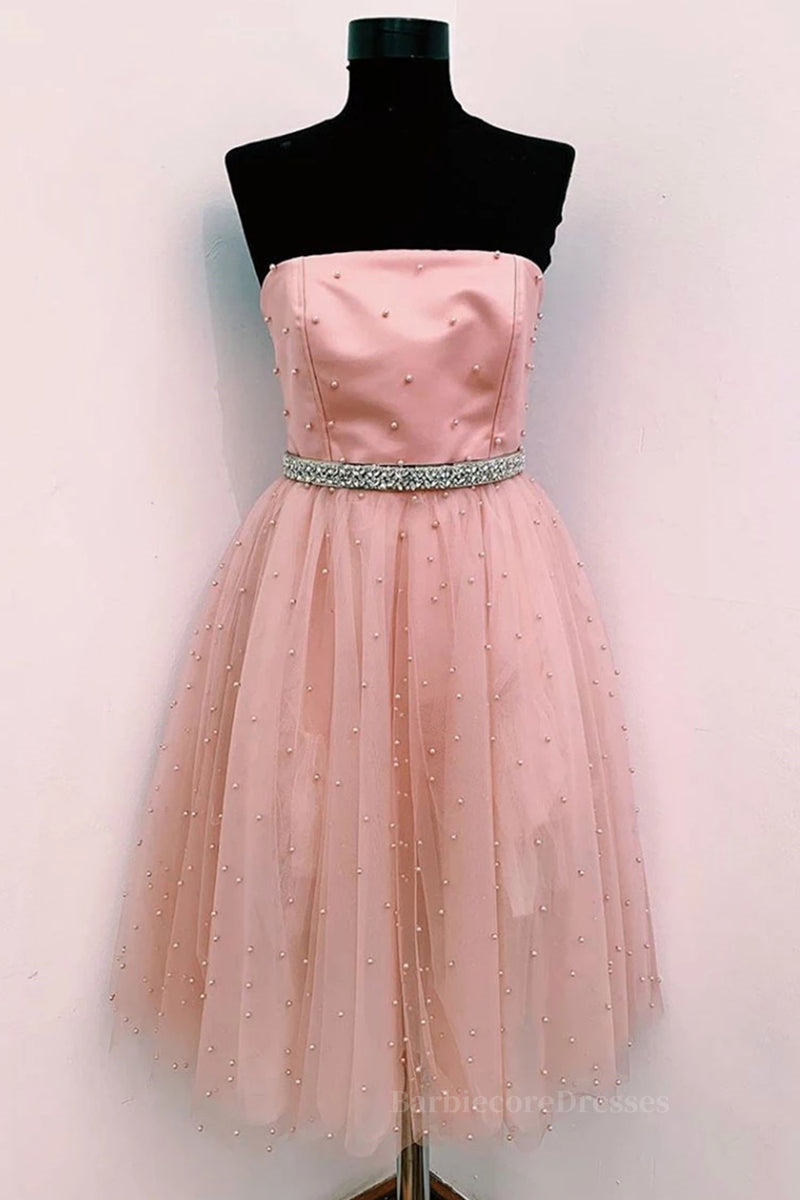 Cute A Line Strapless Beaded Pink Short Prom Dress Homecoming Dress, Strapless Pink Formal Graduation Evening Dress