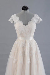 Cute Cap Sleeve V-neck Lace Tulle Wedding Dress