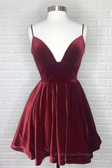 Cute V Neck Backless Burgundy Velvet Short Prom Homecoming Dress, Backless Maroon Formal Graduation Evening Dress