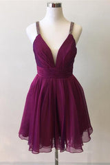 Cute V Neck Purple Chiffon Short Prom Dresses Homecoming Dresses, V Neck Purple Formal Dresses, Purple Evening Dresses Cocktail Dresses