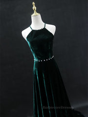 Dark Green Backless Long Prom Dresses, Dark Green Long Formal Evening Bridesmaid Dresses