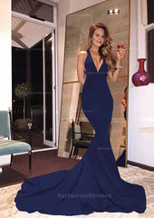 Elastic Satin Court Train Trumpet Mermaid Sleeveless V Neck Zipper Prom Dress