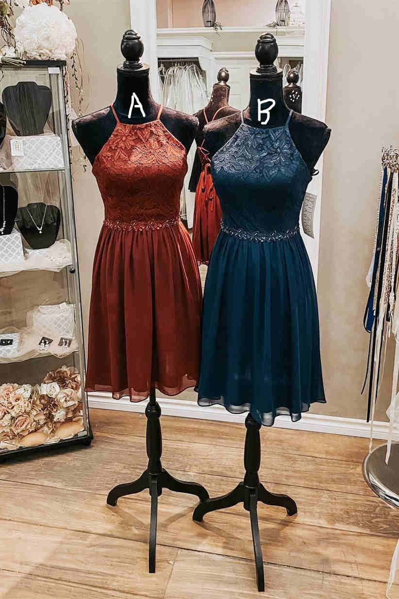 Elegant Halter Lace Teal Cocktail Dresses,Fancy Short Dresses Prom