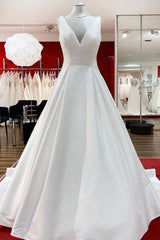 Elegant Long A-line V Neck Satin Ruffles Open Back Wedding Dresses