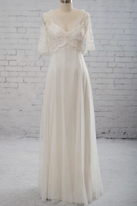 Empire Waist V-neck Tulle A-line Wedding Dress