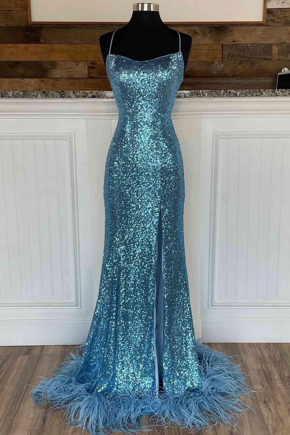 Long Sequined Blue Straps Prom Dress with Feather Hem