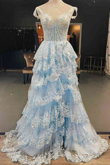 Light Blue Corset Lace Tiered Tulle Long Formal Dress