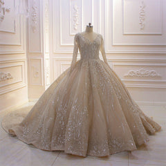 Glamorous Long Sleeve V-neck Sequin Beading Ball Gown Wedding Dress