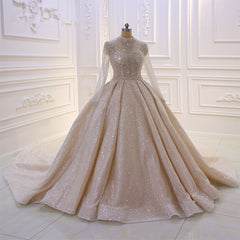 Gorgeous Long High neck Sequin Satin Ball Gown Wedding Dress with Sleeves