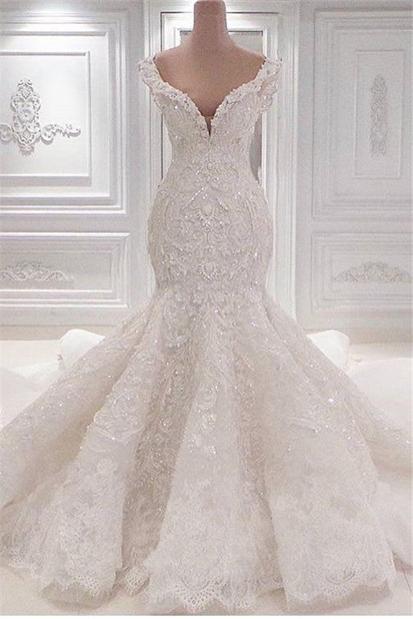 Gorgeous Long Mermaid V-neck Appliques Lace Ruffles Wedding Dress