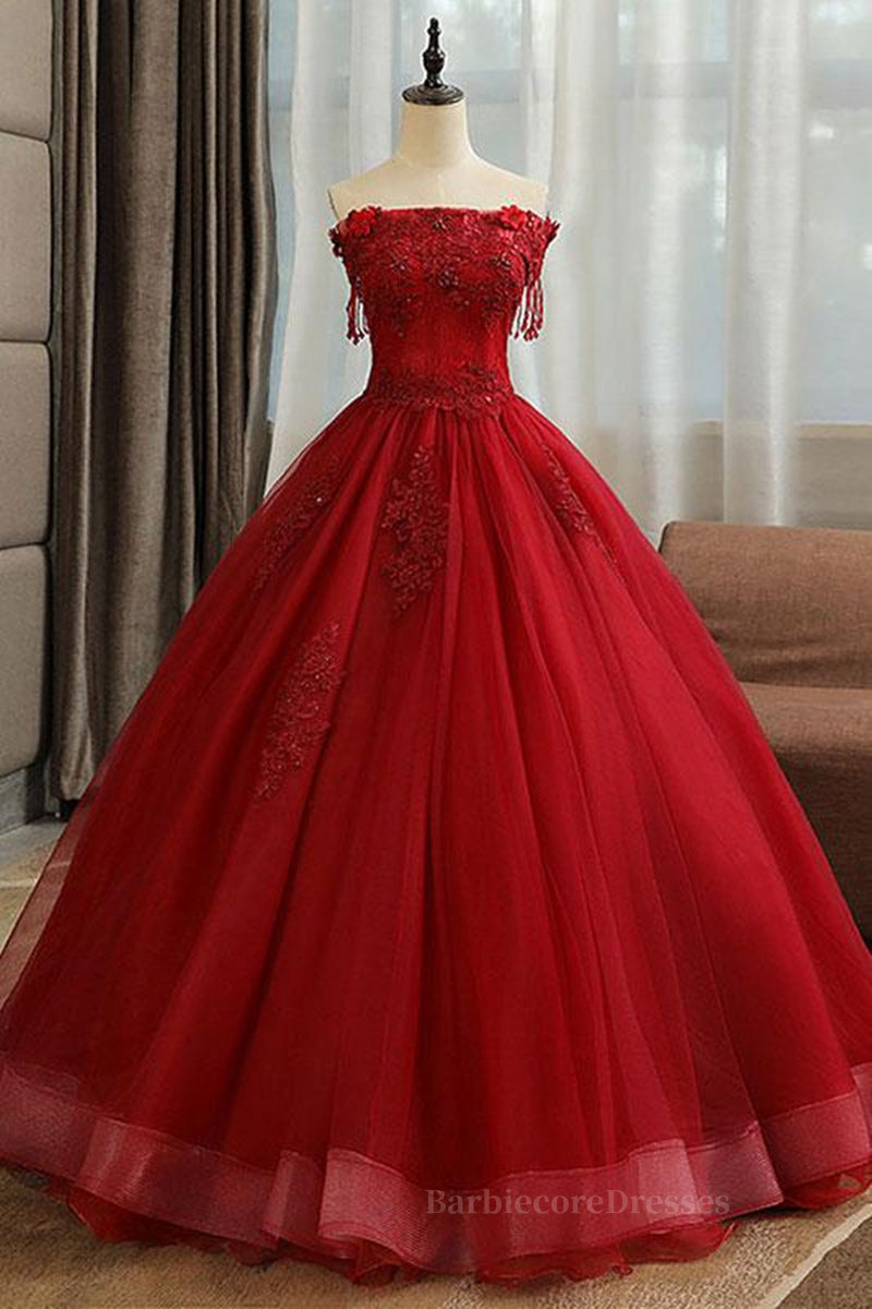 Gorgeous Strapless Burgundy Lace Beaded Long Prom Dress, Lace Burgundy Formal Evening Dress, Burgundy Lace Ball Gown