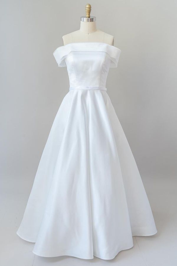 Graceful Long Ball Gown Off Shoulder Satin Wedding Dress