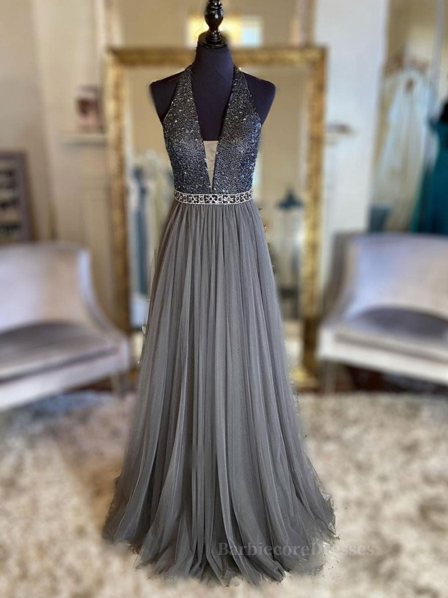 Gray v neck tulle beads long prom dress, gray tulle formal dress