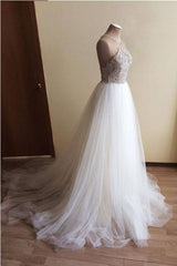 Halter Illusion neck High split A line Tulle Princess Wedding Dress